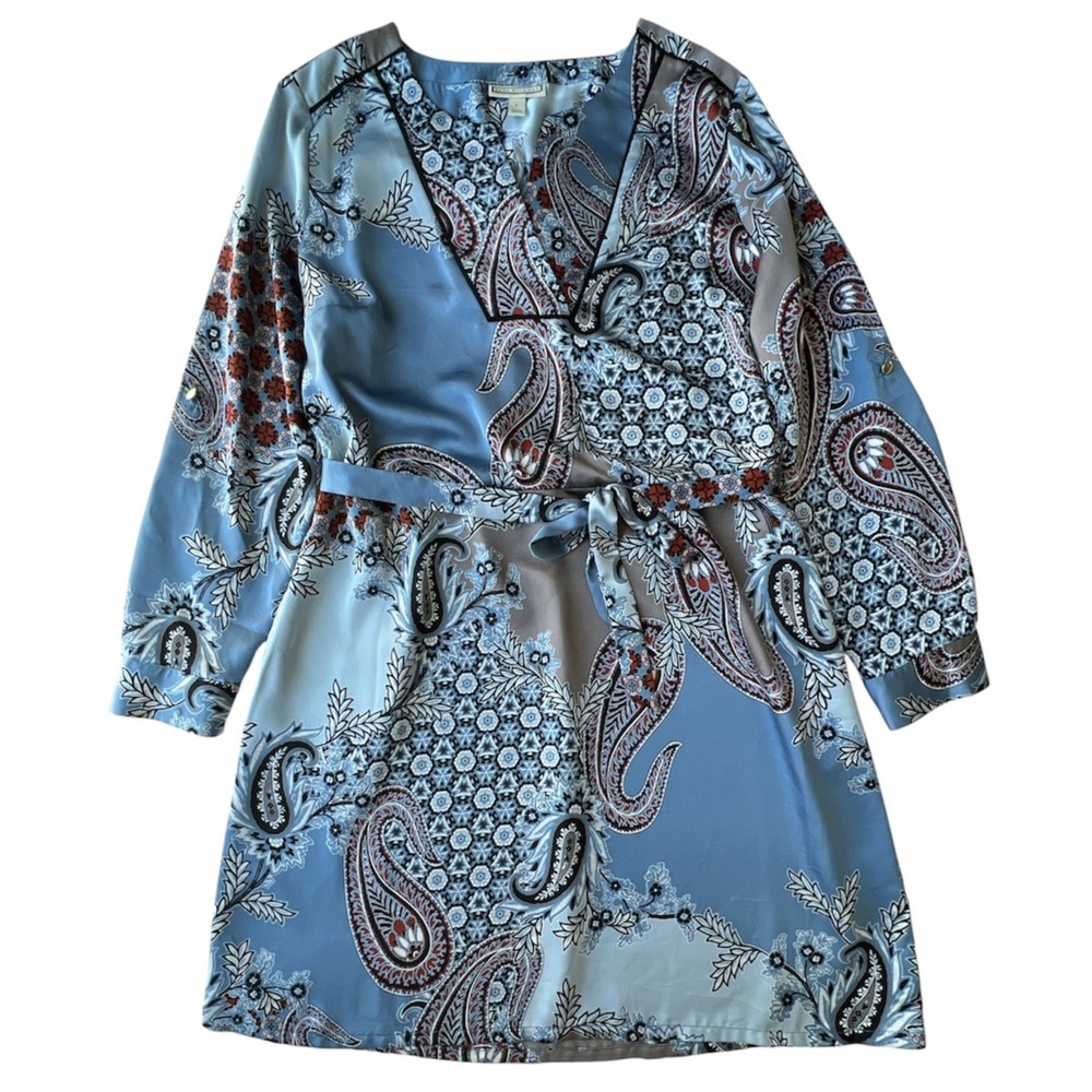 Dana Buchman Dress Women L Blue Paisley Sheath Satin Belt Wedding Classic